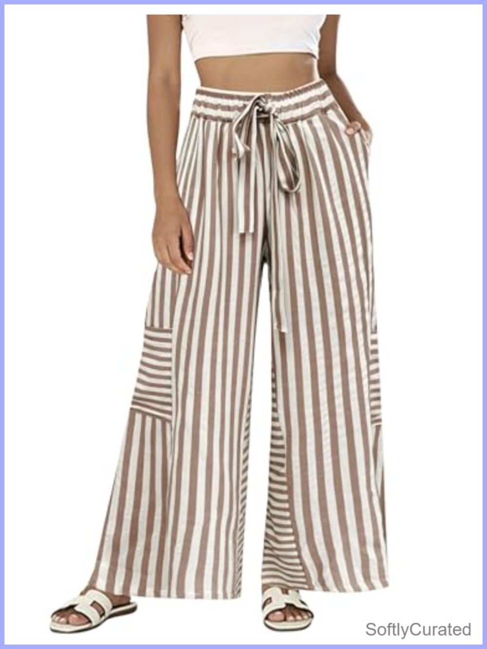 Womens Striped Wide Leg Lounge Pants Drawstring Palazzo Trousers with Pockets